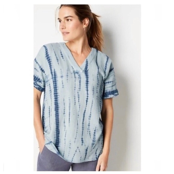 Pure Jill Tops - Pure Jill Women's Sz XL Blue Tie Dye Gauze Cotton V Neck Short Sleeve Top Blouse